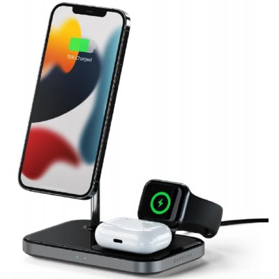 Satechi 3 in 1 MagSafe Magnetic Qi wireless charging station-base for Αpple iPhone, Apple Watch and Airpods 15W - SPACE GREY - ST-WMCS3M