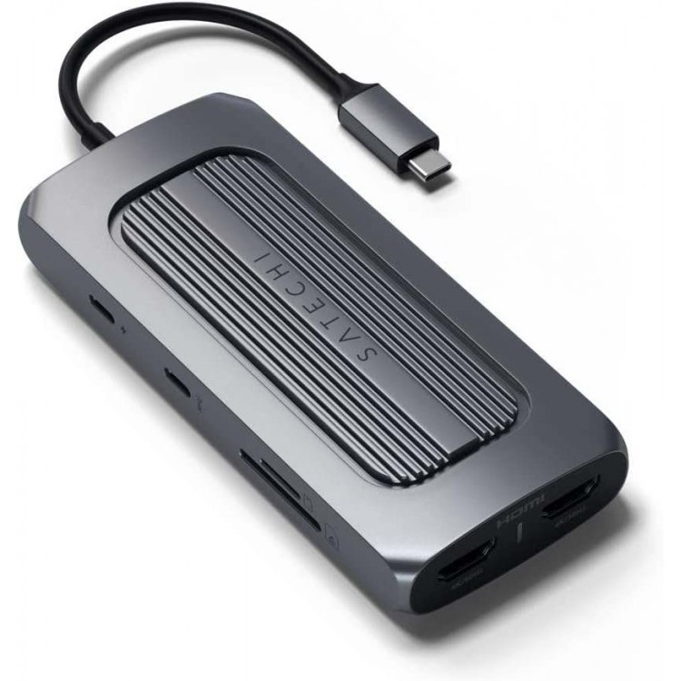 Satechi Aluminum USB-C Multi-Port MX Adapter, Dual 4K HDMI, USB-C PD Charging, Gigabit Ethernet, USB-C - ΓΚΡΙ - SA-ST-UCMXAM
