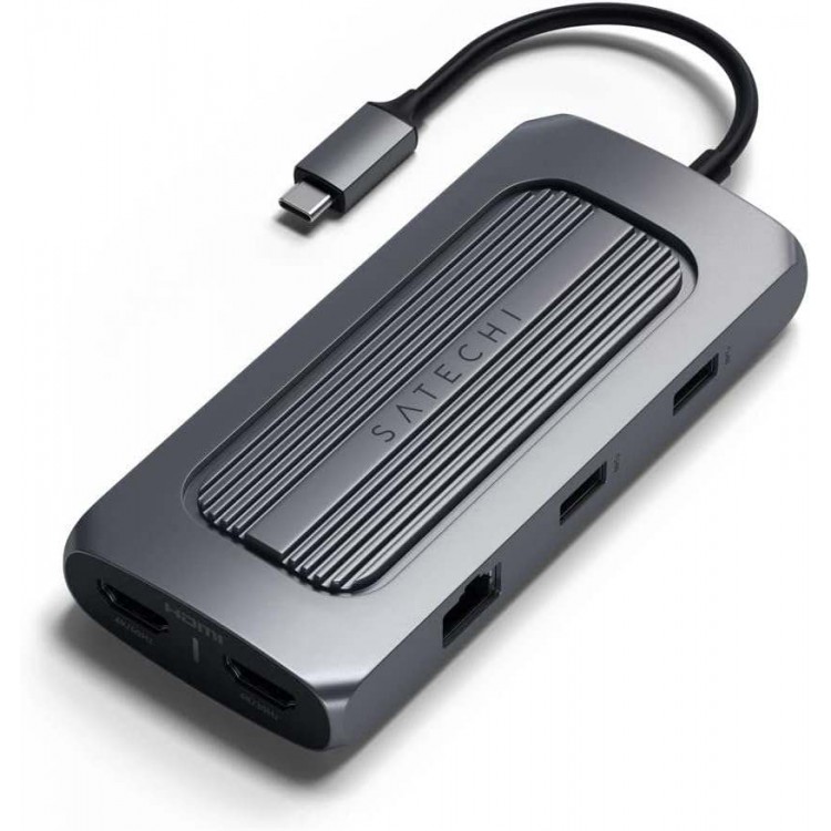Satechi Aluminum USB-C Multi-Port MX Adapter, Dual 4K HDMI, USB-C PD Charging, Gigabit Ethernet, USB-C - ΓΚΡΙ - SA-ST-UCMXAM