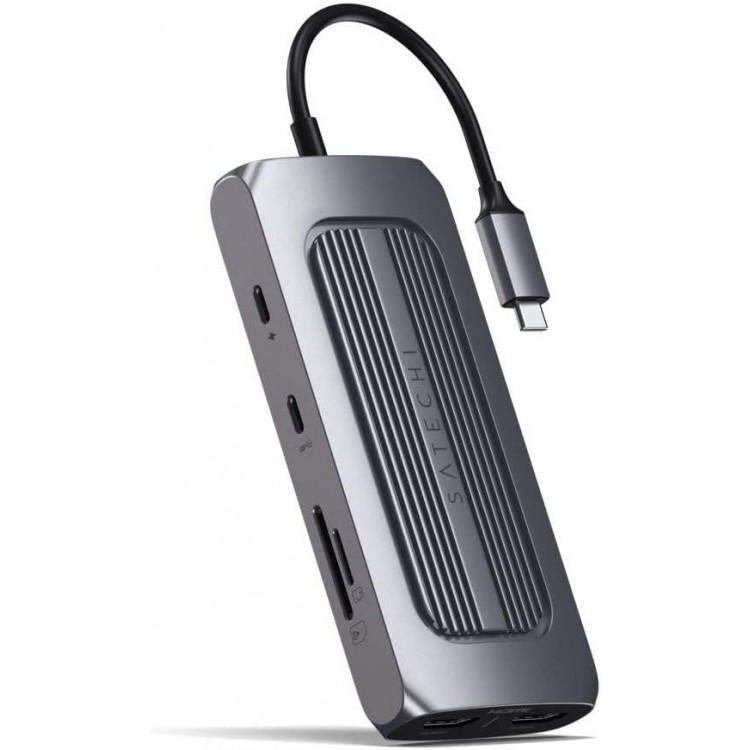Satechi Aluminum USB-C Multi-Port MX Adapter, Dual 4K HDMI, USB-C PD Charging, Gigabit Ethernet, USB-C - ΓΚΡΙ - SA-ST-UCMXAM