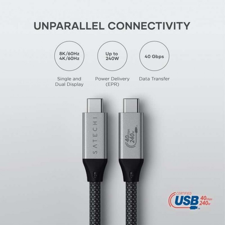 SATECHI Braided USB 4 - 40Gbps Καλώδιο μεταφοράς δεδομένων & Φόρτισης 240W USB-C 1.2μ. - Μαύρο - SA-ST-YU4120M