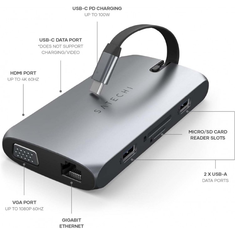 Satechi USB-C Hub Αλουμινίου 9-in-1 Multiport Adapter On-The-Go Multiport Adapter για Apple MacBook Pro/Air M2/ M1, Apple iPad Pro/Air, Apple M2 Mac Mini, iMac M1 - ΓΚΡΙ - SA-ST-UCMBAM
