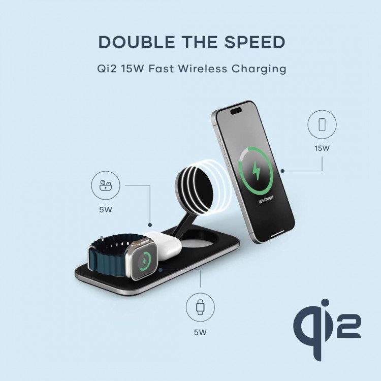 SATECHI Ασύρματος 15W Qi2 TRIO 3σε1 Tριπλός Φορτιστής Αλουμινίου με φορτιστή για Apple Watch Series, για iPhone, AirPods, & Apple Watch - ΓΚΡΙ - SA-ST-QTPM-EA 