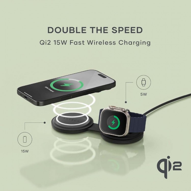 SATECHI OntheGo 2-in-1 Ασύρματος Φορτιστής με Αναδιπλούμενη Qi2 βάση για Αpple iPhone, Apple Watch Series 15W - ΜΑΥΡΟ - SA-ST-QTG21K