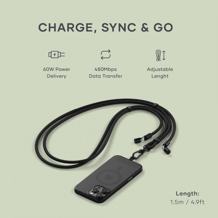 SATECHI OntheGo 2-σε-1 60W USB-C Lanyard Universal Crossbody ιμάντας με ενσωματωμένο Braided καλώδιο δεδομένων για SMARTPHONES, 1.5μ, - ΜΑΥΡΟ - SA-ST-LOTGLK
