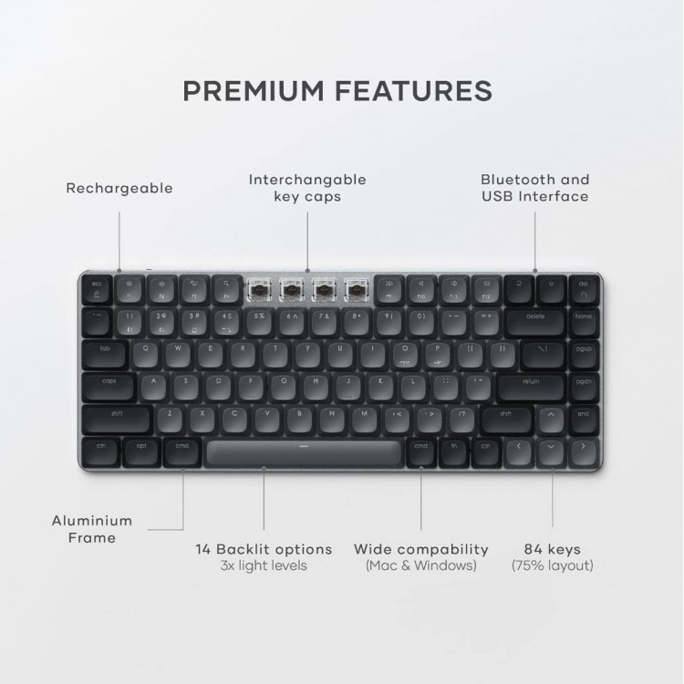 SATECHI Slim SM1 Mechanical Bluetooth LED Backlit Ασύρματο Gaming πληκτρολόγιο για Apple Mac, iMac, Macbook, Windows PCS - QWERTY - ΓΚΡΙ - ST-KSM1LT-EN