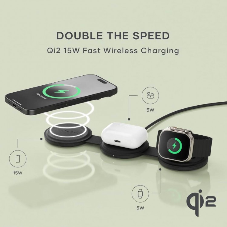 SATECHI OntheGo 3-in-1 Ασύρματος Φορτιστής με Αναδιπλούμενη Qi2 βάση για Αpple iPhone, APPLE AIRPODS, Apple Watch Series 15W - ΜΑΥΡΟ - SA-ST-QTG31K