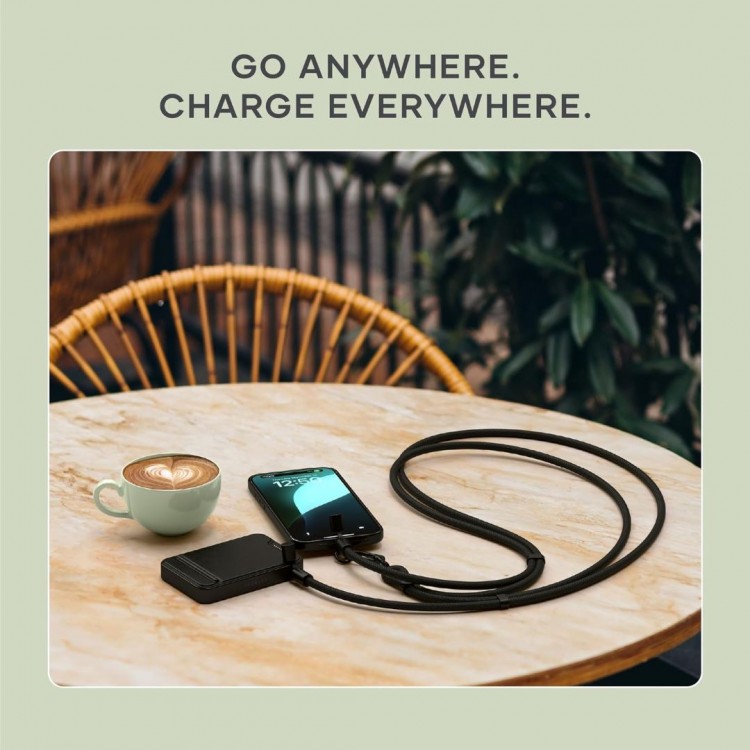 SATECHI OntheGo 2-σε-1 60W USB-C Lanyard Universal Crossbody ιμάντας με ενσωματωμένο Braided καλώδιο δεδομένων για SMARTPHONES, 1.5μ, - ΜΑΥΡΟ - SA-ST-LOTGLK