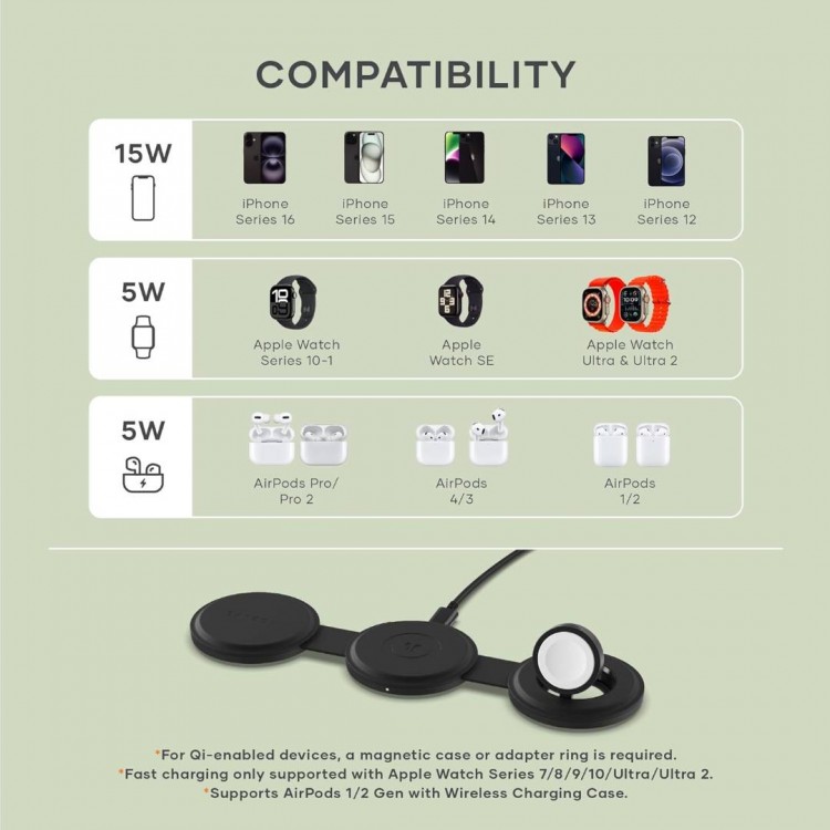 SATECHI OntheGo 3-in-1 Ασύρματος Φορτιστής με Αναδιπλούμενη Qi2 βάση για Αpple iPhone, APPLE AIRPODS, Apple Watch Series 15W - ΜΑΥΡΟ - SA-ST-QTG31K