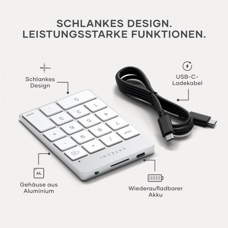SATECHI BLUETOOTH Slim USB-C Επαναφορτιζόμενο Ασύρματο αριθμητικό πληκτρολόγιο, 18 πλήκτρων, aluminium design, για MacOS/ συμβατό με Windows - ΑΣΗΜΙ - SA-ST-KSALKPS