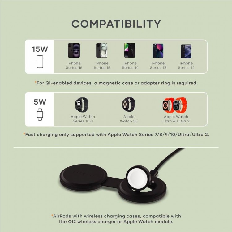 SATECHI OntheGo 2-in-1 Ασύρματος Φορτιστής με Αναδιπλούμενη Qi2 βάση για Αpple iPhone, Apple Watch Series 15W - ΜΑΥΡΟ - SA-ST-QTG21K