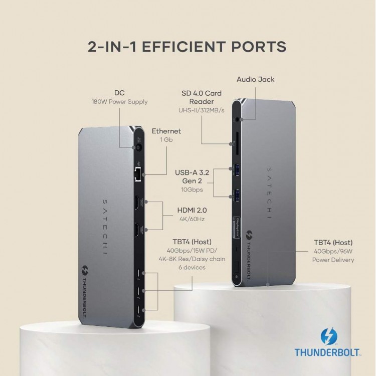 Satechi Βάση Αλουμινίου Thunderbolt 4 Hub DisplayLink Docking Station 12-σε-1 με 96W, 2XHDMI 8K/60Hz, 2XUSB A, Ethernet, για Mac/Windows  - ΓΚΡΙ - SA-ST-DT4MDM-EU 