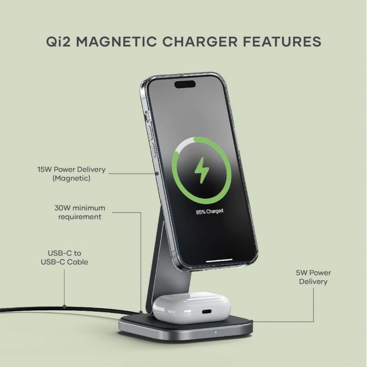 Satechi 2 σε 1 MagSafe Αναδιπλούμενη Qi2 Mαγνητική Βάση Ασύρματης Φόρτισης για Αpple iPhone και Airpods 15W - ΓΚΡΙ - SA-ST-Q21FM