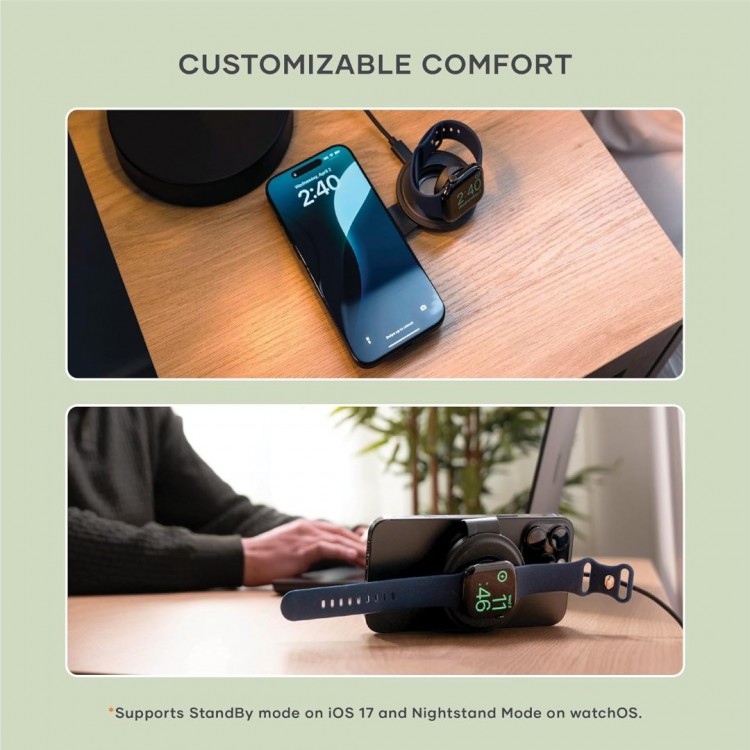 SATECHI OntheGo 2-in-1 Ασύρματος Φορτιστής με Αναδιπλούμενη Qi2 βάση για Αpple iPhone, Apple Watch Series 15W - ΜΑΥΡΟ - SA-ST-QTG21K