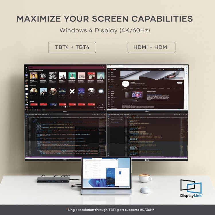 Satechi Βάση Αλουμινίου Thunderbolt 4 Hub DisplayLink Docking Station 12-σε-1 με 96W, 2XHDMI 8K/60Hz, 2XUSB A, Ethernet, για Mac/Windows  - ΓΚΡΙ - SA-ST-DT4MDM-EU 