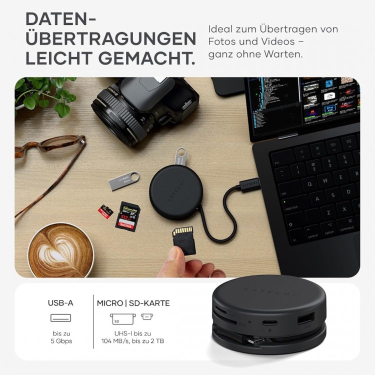 Satechi OntheGo 7-σε-1 Portable Μαγνητικό 100W PD multiport Adapter, με USB-A, USB-C PD, 4K HDMI, SD/microSD, Gigabit Ethernet - ΜΑΥΡΟ - SA-ST-POTG7C