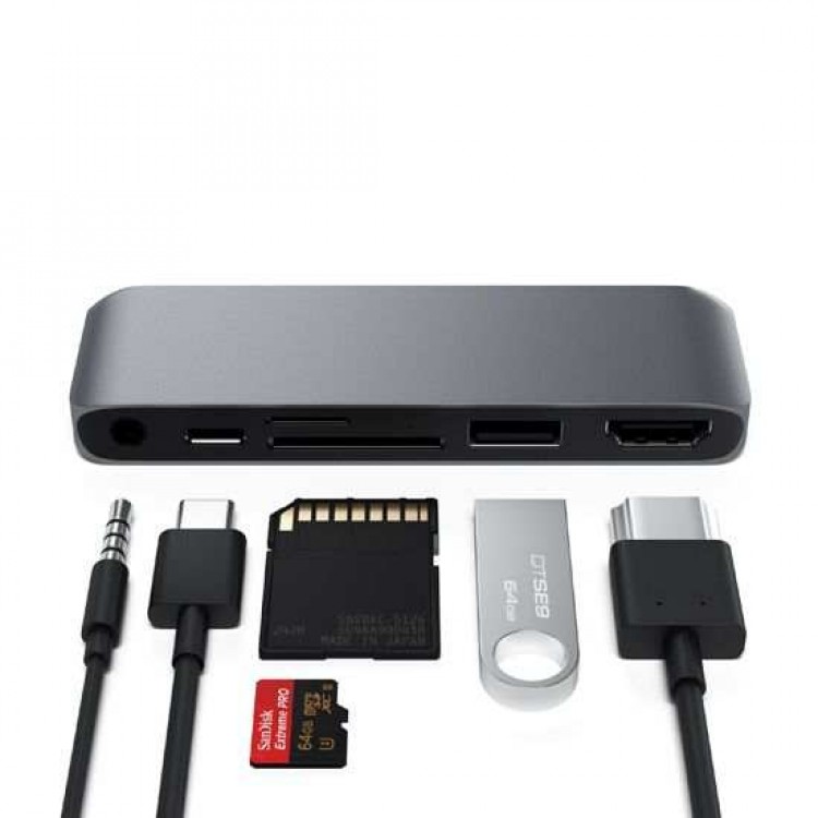 Satechi Αλουμινίου Docking Station 6-σε-1 USB-C Mobile Pro Hub SD Adapter με USB-C PD φόρτιση,HDMI 4K - ΓΚΡΙ - SA-ST-MPHSDM