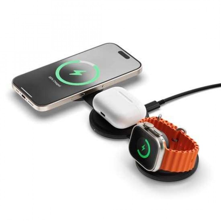 SATECHI OntheGo 3-in-1 Ασύρματος Φορτιστής με Αναδιπλούμενη Qi2 βάση για Αpple iPhone, APPLE AIRPODS, Apple Watch Series 15W - ΜΑΥΡΟ - SA-ST-QTG31K