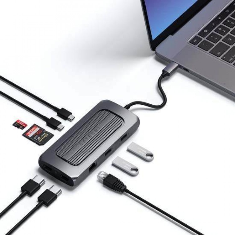 Satechi Aluminum USB-C Multi-Port MX Adapter, Dual 4K HDMI, USB-C PD Charging, Gigabit Ethernet, USB-C - ΓΚΡΙ - SA-ST-UCMXAM