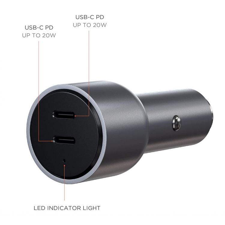 SATECHI 40W Διπλός φορτιστής αυτοκινήτου USB-C PD - ΓΚΡΙ - SA-ST-U2C40CCM 