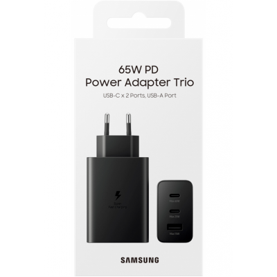 SAMSUNG OFFICIAL 65W Ταχυ-Φορτιστής οικιακός Trio, 3.5A, 1xUSB-A/ 2xUSB-C - ΜΑΥΡΟ - EP-T6530NBEGEU