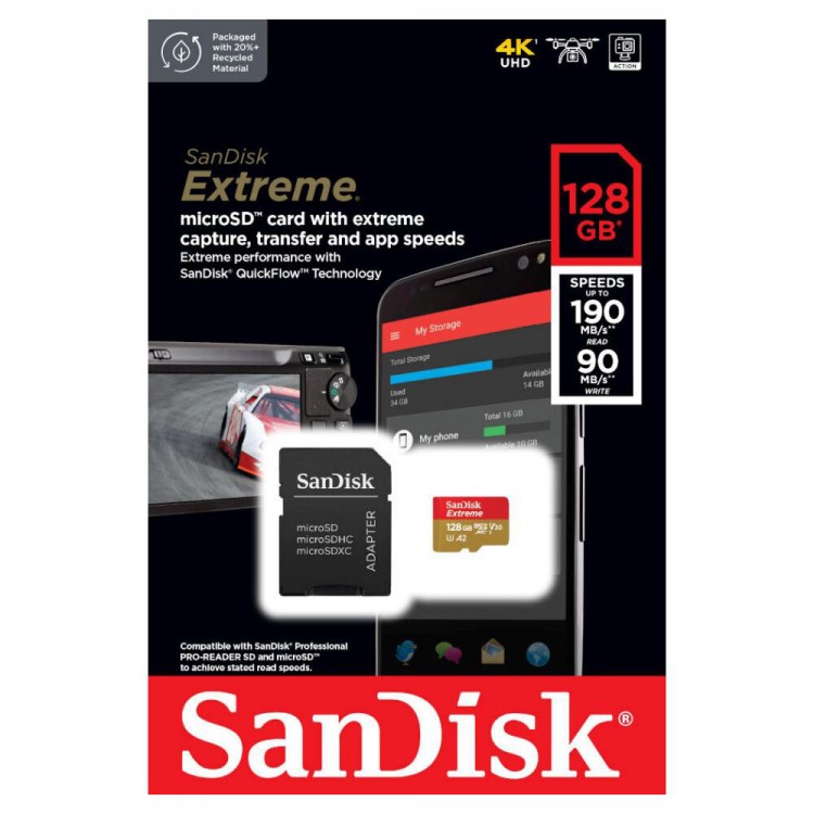 SanDisk Extreme Κάρτα μνήμης Micro SDXC with Adapter, Class 10, Read 190MB/s, U3, V30 - Red - 128GB - SDSQXAA-128G-GN6MA