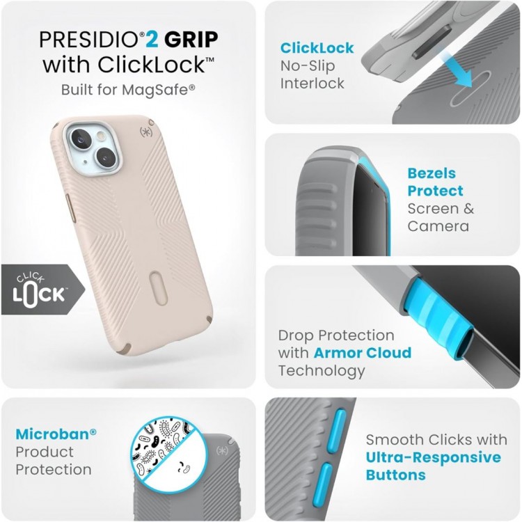 Θήκη Speck Presidio 2 Grip Click-Lock MagSafe για Apple iPhone 15/14/13 6.1 - Bleached Bone/Heirloom ΧΡΥΣΟ/ΜΠΕΖ - SP-150439-3214