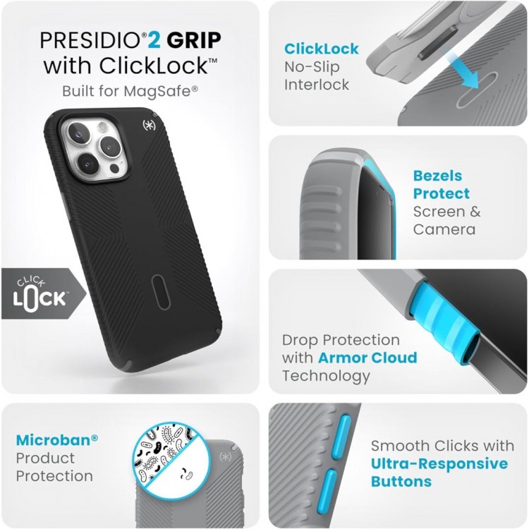 Θήκη Speck Presidio 2 Grip Click-Lock MagSafe για Apple iPhone 15 Pro MAX 6.7 - ΜΑΥΡΟ/ΓΚΡΙ - SP-150463-3205