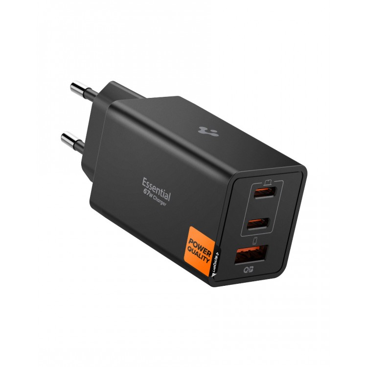 Spigen SGP Φορτιστής οικιακός PPS Essential EE673EU GaN Fast 2XUSB-C PD,1ΧUSB-A , 67W - ΜΑΥΡΟ - ACH09458