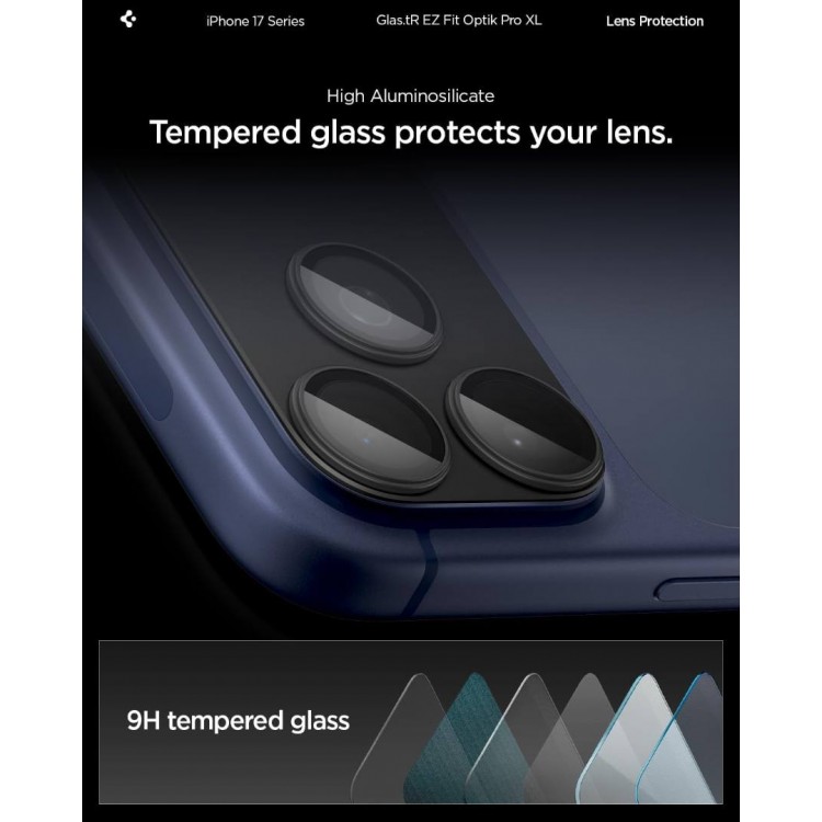SPIGEN SGP Glas.tR Optik Pro XL EZ FIT CAMERA PROTECTOR Γυαλί προστασίας ΠΛΑΙΣΙΟΥ ΦΑΚΩΝ 9H για CAMERA LENS για Apple iPhone 17 Pro Max 6.9 5G 2025 - ΜΑΥΡΟ - AGL10649