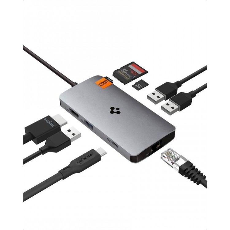 Spigen SGP Aluminum 8-in-1 USB-C Multiport Hub Adapter 100W, PD 3.0, microSD/SD Card, 5Gbps Data, 4K 60Hz HDMI ,Ethernet, USB-C, 3XUSB-A Ports for Apple MacBook Pro/Air M1 M2 - ΑΣΗΜΙ - ACA06141