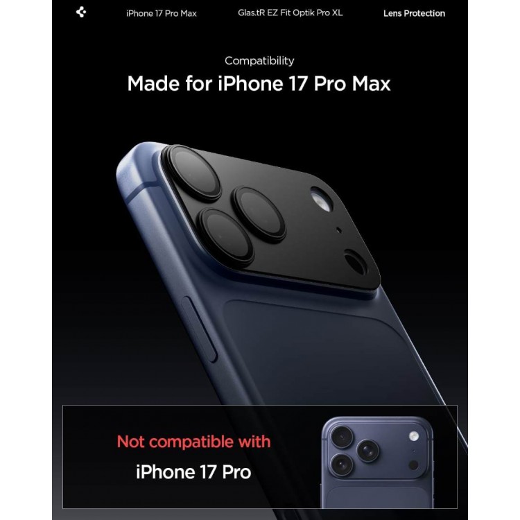 SPIGEN SGP Glas.tR Optik Pro XL EZ FIT CAMERA PROTECTOR Γυαλί προστασίας ΠΛΑΙΣΙΟΥ ΦΑΚΩΝ 9H για CAMERA LENS για Apple iPhone 17 Pro Max 6.9 5G 2025 - ΜΑΥΡΟ - AGL10649