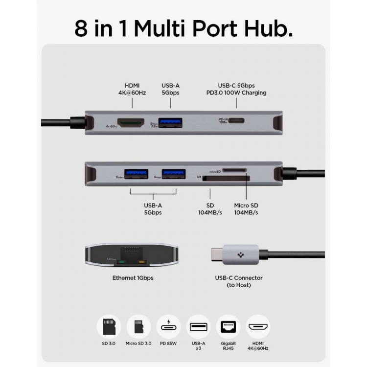 Spigen SGP Aluminum 8-in-1 USB-C Multiport Hub Adapter 100W, PD 3.0, microSD/SD Card, 5Gbps Data, 4K 60Hz HDMI ,Ethernet, USB-C, 3XUSB-A Ports for Apple MacBook Pro/Air M1 M2 - ΑΣΗΜΙ - ACA06141