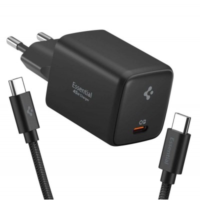 Spigen SGP Φορτιστής οικιακός 45W Essential EE451EU GaN Fast USB-C PD 3.0 PPS με καλώδιο USB-C 100W 1μ. - ΜΑΥΡΟ - ACH09474