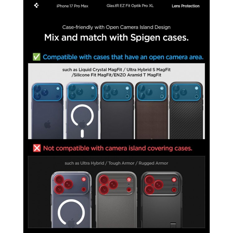 SPIGEN SGP Glas.tR Optik Pro XL EZ FIT CAMERA PROTECTOR Γυαλί προστασίας ΠΛΑΙΣΙΟΥ ΦΑΚΩΝ 9H για CAMERA LENS για Apple iPhone 17 6.3/ iPhone 17 Pro 6.3 5G 2025 - ΜΑΥΡΟ - AGL10644