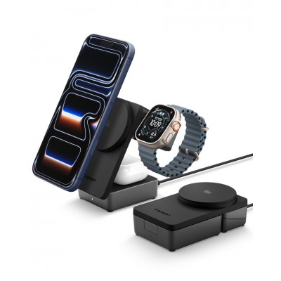 SPIGEN SGP ESSENTIAL EF323MQ 3-in-1+C QI2.2 25W MagSafe Magnetic wireless charging station-base for Αpple iPhone, Apple Watch Series, Airpods - ΜΑΥΡΟ - ACH10398