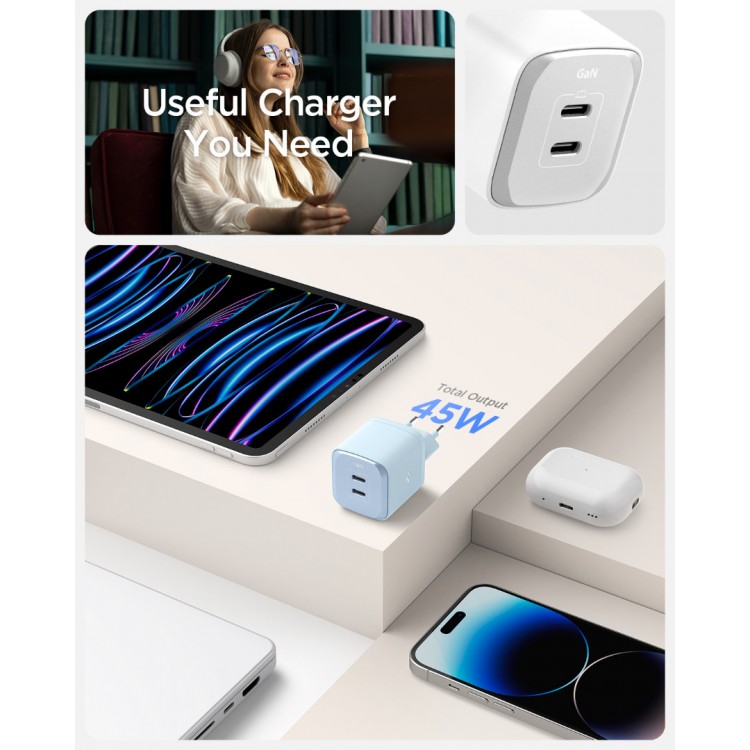 Spigen SGP Oικιακός Φορτιστής 45W ArcStation Pro, GaN III, 2XUSB-C PD 3.0 PPS 45W, Total 45W - ΜΑΥΡΟ - ACH05154