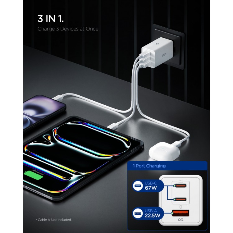 Spigen SGP Φορτιστής οικιακός PPS Fast Charger, PD 3.0 , ArcStation Essential EE673EU GaNFast 2xUSB-C PD, 1xUSB-A, 67W - ΛΕΥΚΟ - ACH08710