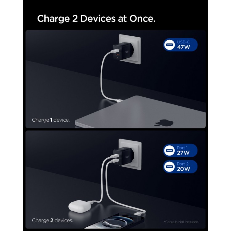 Spigen SGP Φορτιστής οικιακός PPS Essential EE472EU GaN Fast 2XUSB-C PD, 47W - ΜΑΥΡΟ - ACH09457