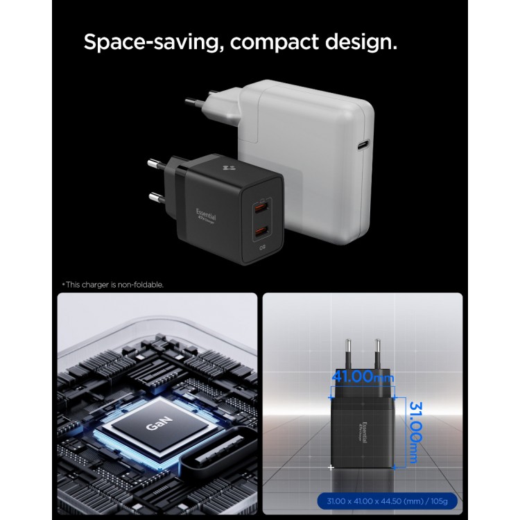 Spigen SGP Φορτιστής οικιακός PPS Essential EE472EU GaN Fast 2XUSB-C PD, 47W - ΜΑΥΡΟ - ACH09457