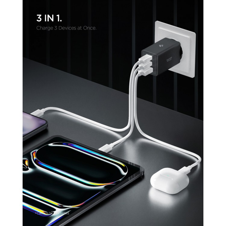 Spigen SGP Φορτιστής οικιακός PPS Essential EE673EU GaN Fast 2XUSB-C PD,1ΧUSB-A , 67W - ΜΑΥΡΟ - ACH09458