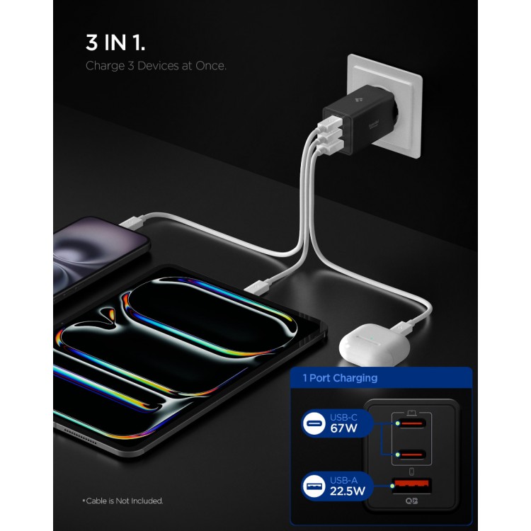 Spigen SGP Φορτιστής οικιακός PPS Essential EE673EU GaN Fast 2XUSB-C PD,1ΧUSB-A , 67W - ΜΑΥΡΟ - ACH09458