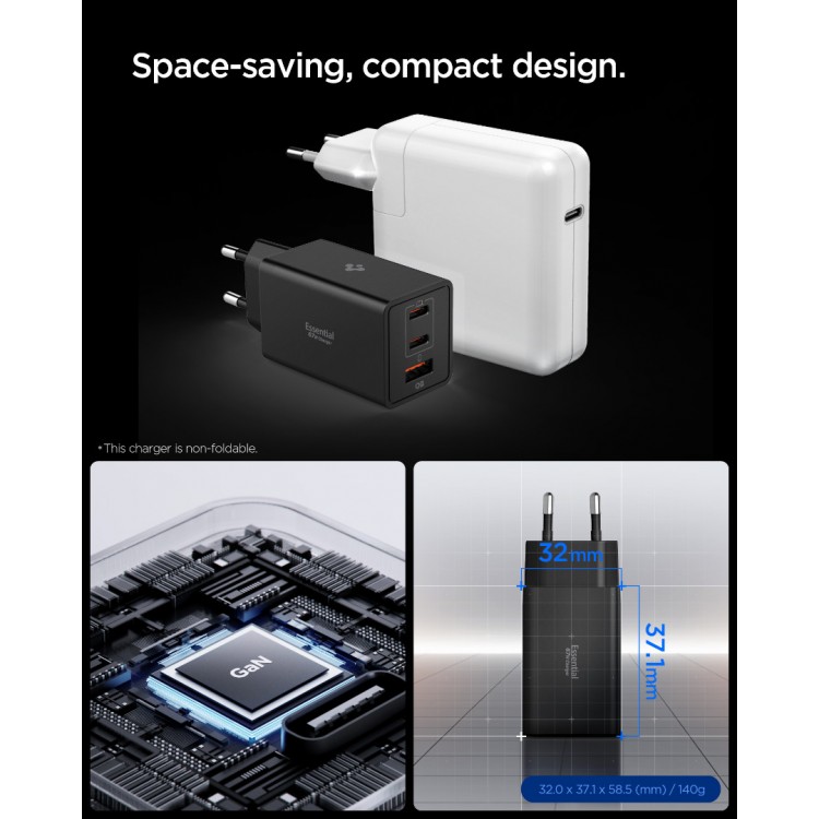 Spigen SGP Φορτιστής οικιακός PPS Essential EE673EU GaN Fast 2XUSB-C PD,1ΧUSB-A , 67W - ΜΑΥΡΟ - ACH09458