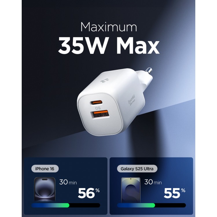 Spigen SGP Φορτιστής οικιακός PPS Essential EE352EU GaN Fast 1XUSB-C PD/ 1XUSB-A, 35W - ΛΕΥΚΟ - ACH09462