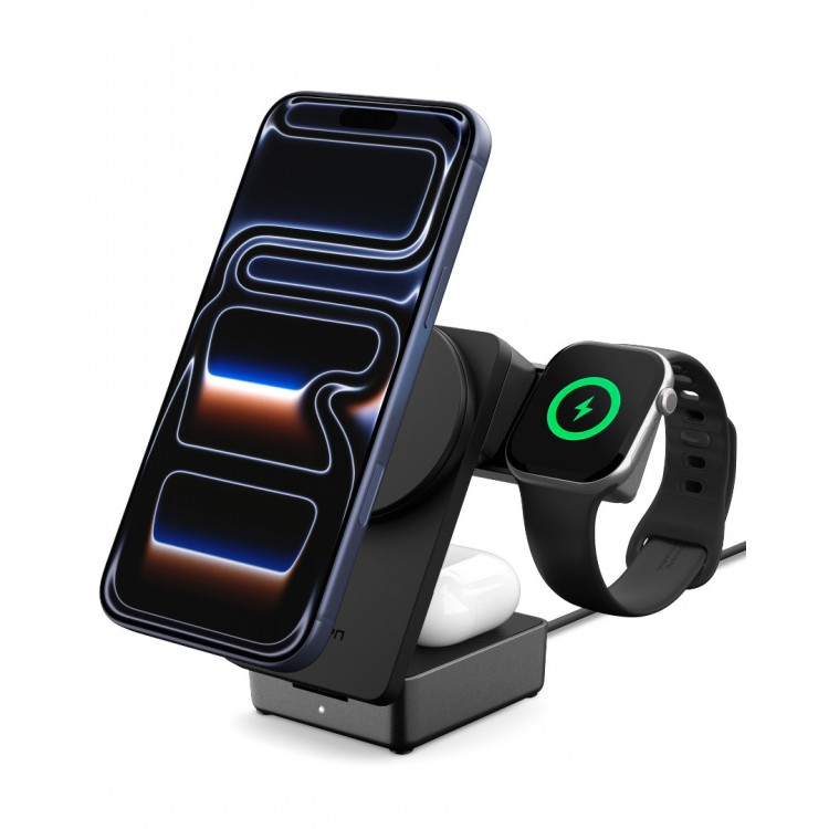 SPIGEN SGP ESSENTIAL EF323MQ 3-in-1+C QI2.2 25W MagSafe Magnetic wireless charging station-base for Αpple iPhone, Apple Watch Series, Airpods - ΜΑΥΡΟ - ACH10398