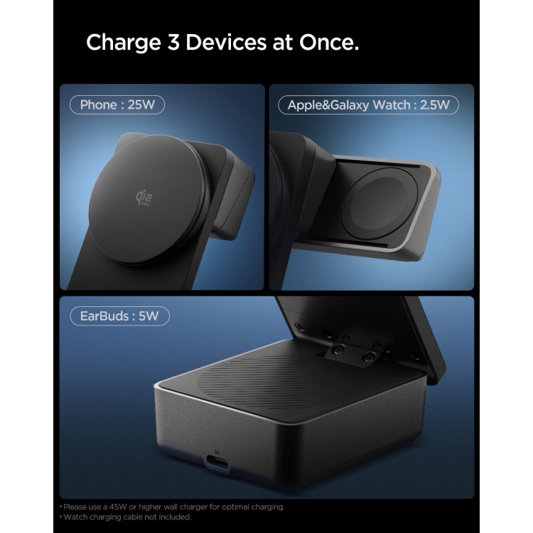 SPIGEN SGP ESSENTIAL EF323MQ 3-in-1+C QI2.2 25W MagSafe Magnetic wireless charging station-base for Αpple iPhone, Apple Watch Series, Airpods - ΜΑΥΡΟ - ACH10398