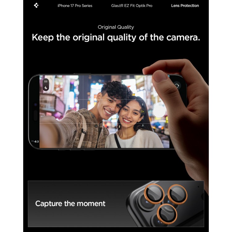 SPIGEN SGP OPTIK.TR EZ FIT CAMERA PROTECTOR Γυαλί προστασίας ΦΑΚΩΝ 9H για CAMERA LENS για Apple IPHONE 17/16/15/14 Pro & iPhone 17/16/15/14 Pro Max - ΠΟΡΤΟΚΑΛΙ - AGL10123 - 2-TEM