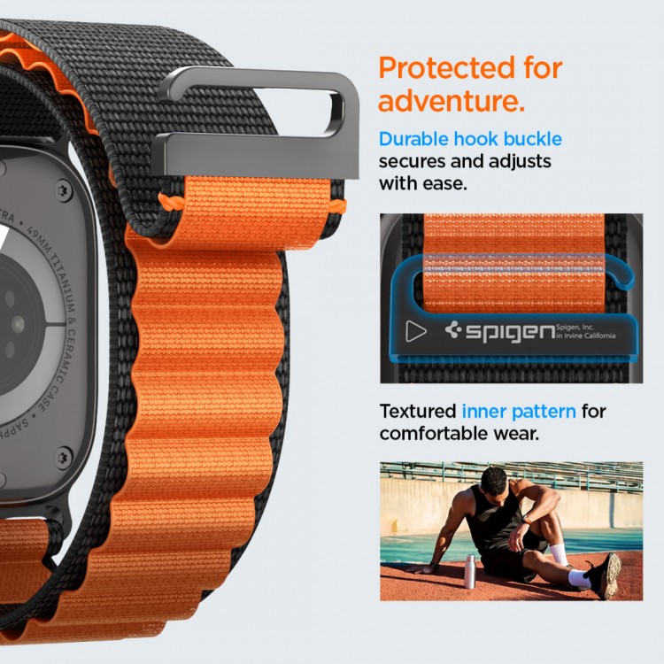 Spigen SGP WBF1 Fabric(hook) Band / λουράκι για Apple Watch series Ultra 3/2/1 49mm, Series 11/10 46mm and Series 9/8/7/6/5/4/SE 45mm, 44mm - ΜΑΥΡΟ/ΠΟΡΤΟΚΑΛΙ - AMP10145
