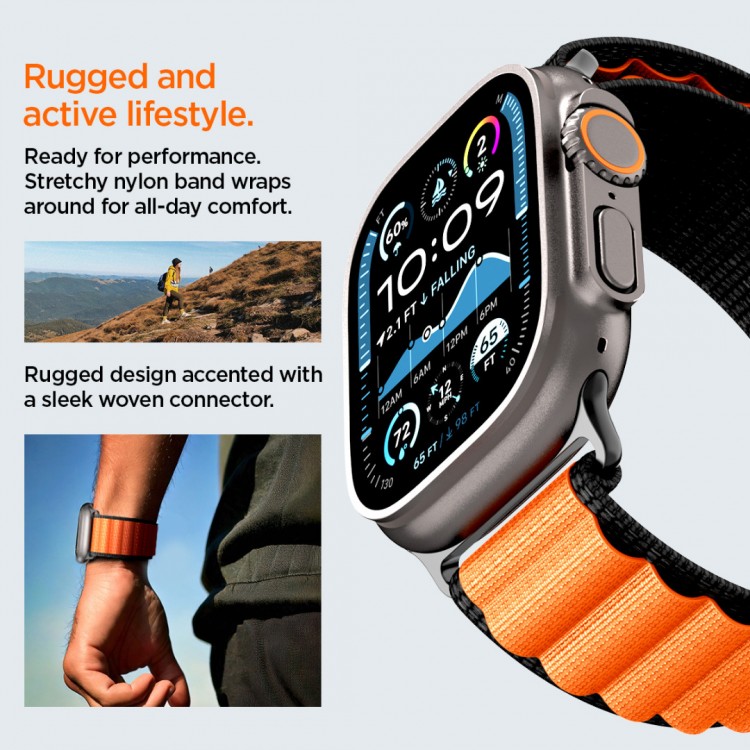 Spigen SGP WBF1 Fabric(hook) Band / λουράκι για Apple Watch series Ultra 3/2/1 49mm, Series 11/10 46mm and Series 9/8/7/6/5/4/SE 45mm, 44mm - ΜΑΥΡΟ/ΠΟΡΤΟΚΑΛΙ - AMP10145