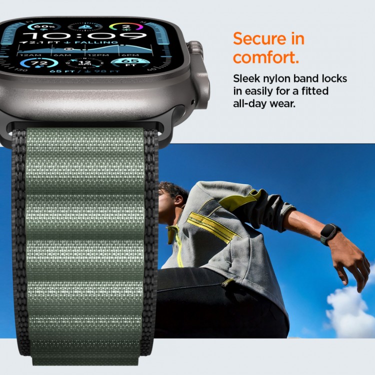 Spigen SGP WBF1 Fabric(hook) Band / λουράκι για Apple Watch series Ultra 3/2/1 49mm, Series 11/10 46mm and Series 9/8/7/6/5/4/SE 45mm, 44mm - ΜΑΥΡΟ/ΠΡΑΣΙΝΟ - AMP10223